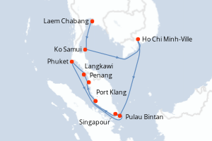 Carte de l'itinéraire de croisière Laem Chabang-Singapour d'une durée de 11 jours