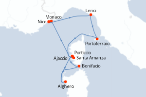 carte itinéraire croisière Sardaigne 7 jours au départ du port de Nice