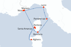 carte itinéraire croisière Sardaigne 7 jours au départ du port de Nice