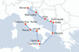 Carte de l'itinéraire de croisière Venise-Civitavecchia - Rome d'une durée de 11 jours
