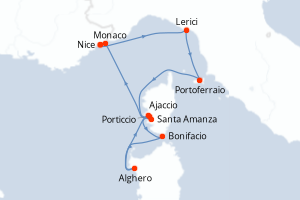 Carte de l'itinéraire de croisière Nice-Nice d'une durée de 7 jours