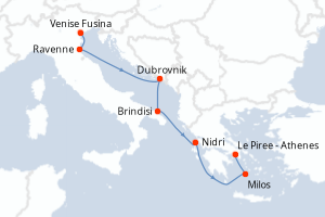 Carte de l'itinéraire de croisière Venise Fusina-Le Piree - Athenes d'une durée de 7 jours