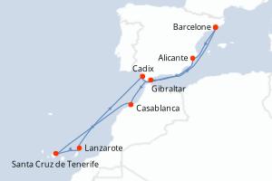 Carte de l'itinéraire de croisière Barcelone-Barcelone d'une durée de 11 jours