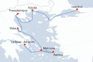 Carte de l'itinéraire de croisière Le Piree - Athenes-Istanbul d'une durée de 7 jours