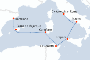 carte itinéraire croisière Sicile 7 jours au départ du port de Civitavecchia - Rome