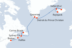 carte itinéraire croisière Amérique du Nord 13 jours au départ du port de Reykjavik