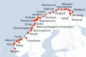 Carte itinéraire croisière Norvège - 10 jours au départ de Bergen - Europe du Nord