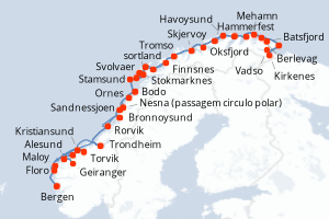 Carte de l'itinéraire de croisière Bergen-Bergen d'une durée de 11 jours