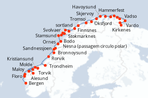 Carte de l'itinéraire de croisière Bergen-Kirkenes d'une durée de 6 jours