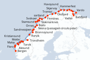 Carte de l'itinéraire de croisière Bergen-Bergen d'une durée de 11 jours