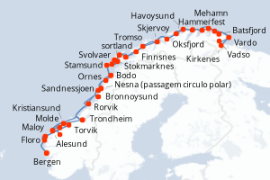 Carte de l'itinéraire de croisière Bergen-Bergen d'une durée de 11 jours