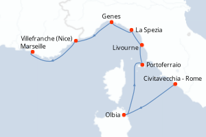 Carte de l'itinéraire de croisière Civitavecchia - Rome-Marseille d'une durée de 7 jours