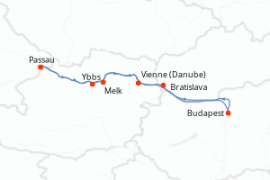 Carte itinéraire croisière Allemagne, Autriche, France, Hongrie, Slovaquie - 7 jours au départ de Passau - Danube