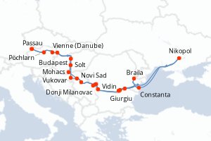 carte itinéraire croisière Danube 18 jours au départ du port de Passau