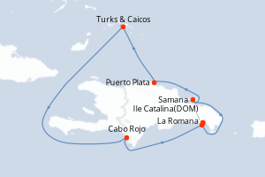 Carte de l'itinéraire de croisière La Romana-La Romana d'une durée de 7 jours