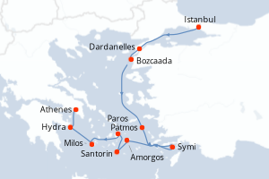Carte de l'itinéraire de croisière Istanbul-Le Piree - Athenes d'une durée de 8 jours