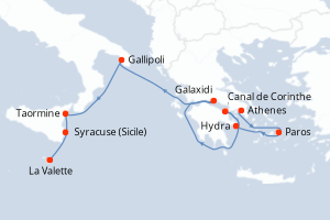carte itinéraire croisière Sicile 7 jours au départ du port de Le Piree - Athenes