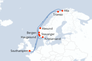 carte itinéraire croisière Fjörds norvégiens 12 jours au départ du port de Southampton