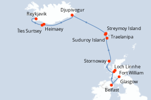 Carte de l'itinéraire de croisière Glasgow-Reykjavik d'une durée de 10 jours