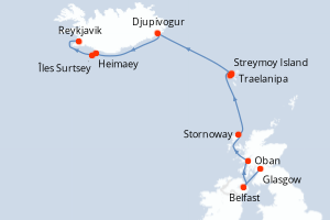 Carte de l'itinéraire de croisière Glasgow-Reykjavik d'une durée de 8 jours