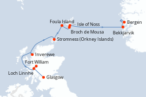 Carte de l'itinéraire de croisière Glasgow-Bergen d'une durée de 7 jours