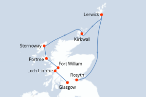 carte itinéraire croisière Europe du Nord 7 jours au départ du port de Glasgow