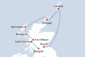 Carte de l'itinéraire de croisière Rosyth-Glasgow d'une durée de 7 jours