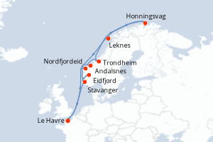 carte itinéraire croisière Fjörds norvégiens 14 jours au départ du port de Le Havre