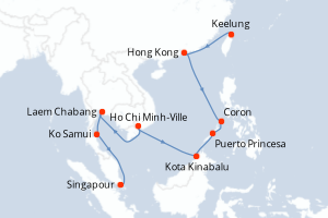 Carte de l'itinéraire de croisière Keelung-Singapour d'une durée de 13 jours