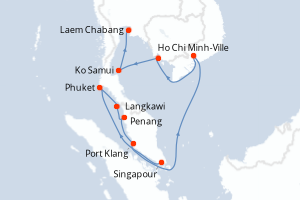 Carte de l'itinéraire de croisière Singapour-Laem Chabang d'une durée de 13 jours