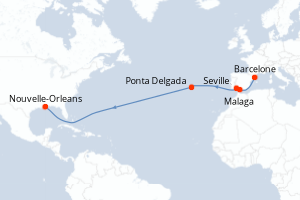 Carte de l'itinéraire de croisière Barcelone-Nouvelle-Orleans d'une durée de 15 jours