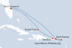 carte itinéraire croisière Caraïbes Bahamas 8 jours au départ du port de Port Canaveral