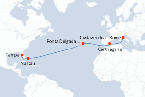 carte itinéraire croisière Transatlantique 14 jours au départ du port de Civitavecchia - Rome