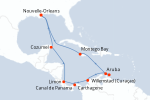 carte itinéraire croisière Caraïbes Mexique 14 jours au départ du port de Nouvelle-Orleans