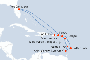 carte itinéraire croisière Caraïbes Bahamas 14 jours au départ du port de Port Canaveral