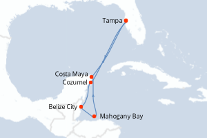 carte itinéraire croisière Caraïbes Mexique 7 jours au départ du port de Tampa
