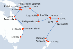 Carte de l'itinéraire de croisière Sydney-Auckland d'une durée de 28 jours