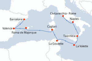 carte itinéraire croisière Sicile 9 jours au départ du port de Civitavecchia - Rome