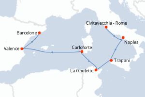 carte itinéraire croisière Sicile 7 jours au départ du port de Civitavecchia - Rome