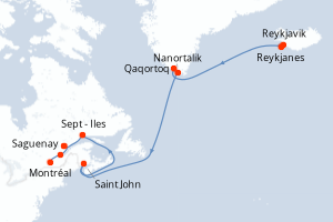 carte itinéraire croisière Amérique du Nord 14 jours au départ du port de Reykjavik