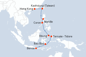 Carte de l'itinéraire de croisière Hong Kong-Benoa d'une durée de 14 jours