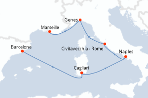 Carte de l'itinéraire de croisière Barcelone-Marseille d'une durée de 6 jours