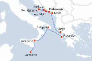 Carte de l'itinéraire de croisière Dubrovnik-La Valette d'une durée de 9 jours
