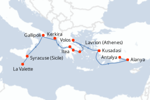 carte itinéraire croisière Sicile 10 jours au départ du port de La Valette