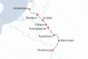 Carte de l'itinéraire de croisière Amsterdam-Strasbourg d'une durée de 6 jours
