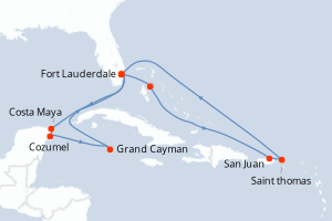 carte itinéraire croisière Caraïbes Bahamas 14 jours au départ du port de Fort Lauderdale