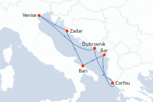 Carte de l'itinéraire de croisière Bari-Bari d'une durée de 7 jours