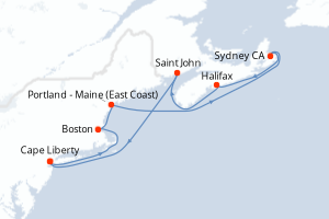 Carte de l'itinéraire de croisière Cape Liberty-Cape Liberty d'une durée de 9 jours
