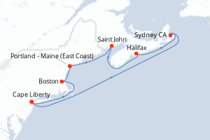 Carte de l'itinéraire de croisière Cape Liberty-Cape Liberty d'une durée de 9 jours