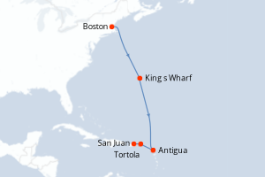 Carte de l'itinéraire de croisière Boston-San Juan d'une durée de 7 jours